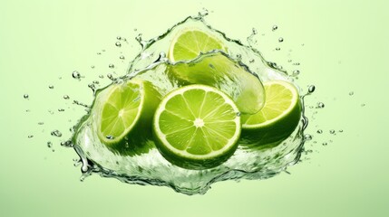 Fresh limes with water splash on green background, close-up. Healthy Food Concept. Background with a copy space.