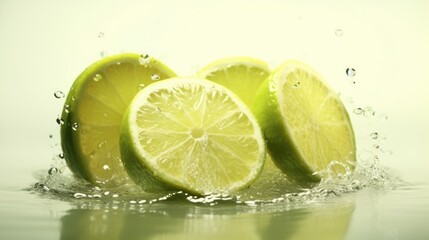 lime slices in water with splash, isolated on the white background. Healthy Food Concept. Background with a copy space.