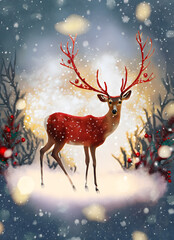 Obraz na płótnie Canvas Festive Deer in Winter Wonderland Christmas Card