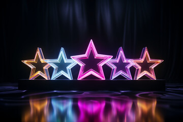 5 Stars, 5 Colorful stars, Multi color five star award in a dark copy space background with colorful star reflection, Award Ceremony, 5 star souvenir, Abstract bright color star award, neon color star - obrazy, fototapety, plakaty