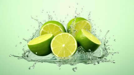 lime slices in water splash on green background. Healthy Food Concept. Background with a copy space.