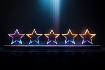 Colorful 5 Stars, Multi color stars in a dark color copy space background with Colorful light rays in background, Client rating, colorful stars in a row, Star wallpaper concept, abstract five stars - obrazy, fototapety, plakaty