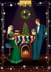 Well dressed human near a decorated fireplace with friends on New Year s Eve in a luxury restaurant or at home. Concept for holiday, winter holidays, New Year, Christmas