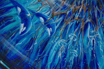 Abstract background with underwater world - killer whales, jellyfish and fish on a blue background. Picture painted with acrylics - 666771265