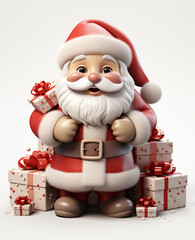 a 3d santa Claus with some gift boxs on transparent white background