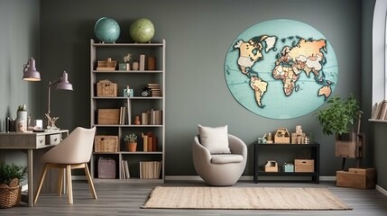 Children's study room at home. Modern spacious interior with desk, chair, bookshelves, chalkboard, lamps, Earth globe, plants, boxes, toys, rug, and laminate flooring