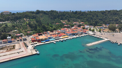 Aerial drone photo of small picturesque seaside village of Katakolo known for cruise liner anchorage and tourist transfer to Peloponnese ancient sites, Ilia prefecture, Greece