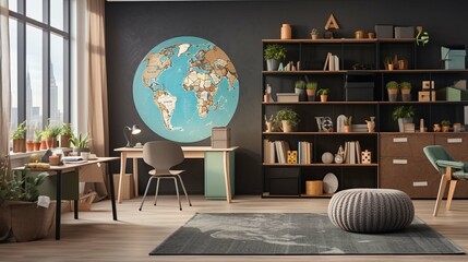 Children's study room at home. Modern spacious interior with desk, chair, bookshelves, chalkboard, lamps, Earth globe, plants, boxes, toys, rug, and laminate flooring