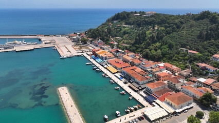Fototapeta na wymiar Aerial drone photo of small picturesque seaside village of Katakolo known for cruise liner anchorage and tourist transfer to Peloponnese ancient sites, Ilia prefecture, Greece