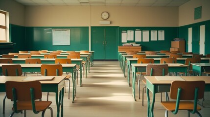 interior of a school classroom with wooden floors and furniture.