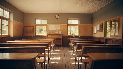 interior of a school classroom with wooden floors and furniture.