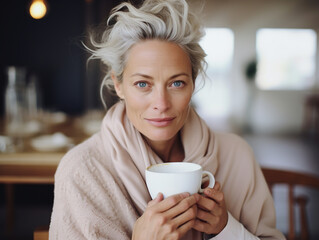 Beautiful and elegant mature woman drinking coffee in cafe	