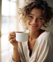 Beautiful young smiling woman drinking coffee	