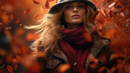 Obraz na płótnie Canvas fall fashion pieces with a backdrop of striking autumn elements in a clear and realistic style.