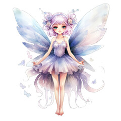 water color fling floral  baby girl fairy with wings  and purple dress painting on transparent background