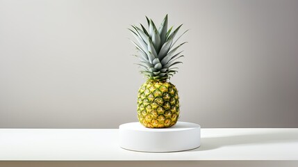  a pineapple sitting on top of a white stand on a table.  generative ai