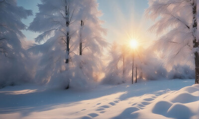 Fantastic winter forest. Trees in frost. Beautiful Christmas morning outdoors. Winter forest with bright sunshine.