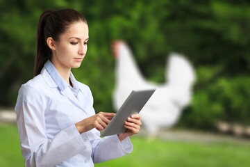 Young veterinary doctor with tablet computer on chicken farm