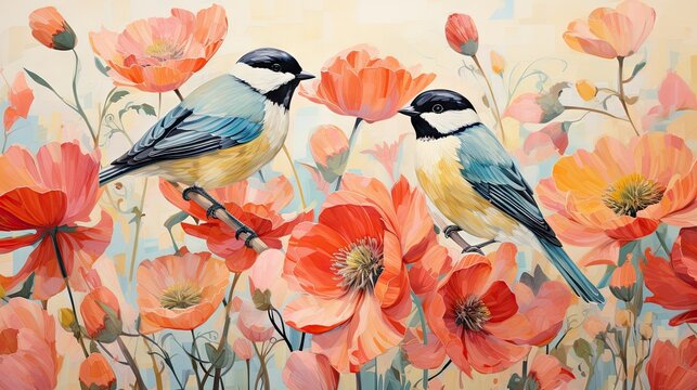  a painting of two birds sitting on a branch in a field of flowers.  generative ai