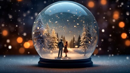Merry Christmas snow globe a couple , with trees , snowy houses  and  Christmas decorations .winter background,  Christmas concept, copy space for text, 