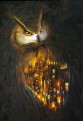 Owl protect a night city. Surreal illustration painted with acrylics - 666772822