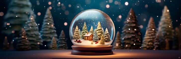 Merry Christmas snow globe with trees , snowy houses  and  Christmas decorations .winter background,  Christmas concept, copy space for text, 