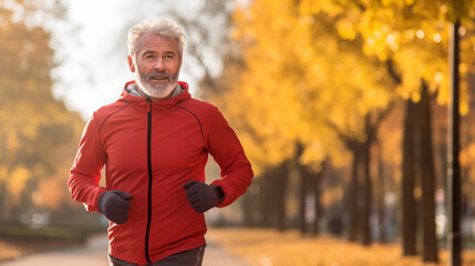 Obraz premium Senior man jogging in autumn park. Sport and healthy lifestyle.