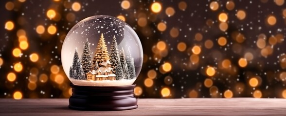 Fototapeta na wymiar Merry Christmas snow globe with trees , snowy houses and Christmas decorations .winter background, Christmas concept, copy space for text, 