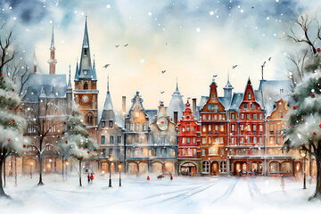 Fototapeta premium Watercolor Christmas City in Retro Style.
