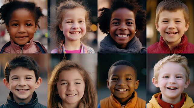children from around the world, showcasing their confident smiles, bright white teeth, and joy, set against checkered smiling face backgrounds.