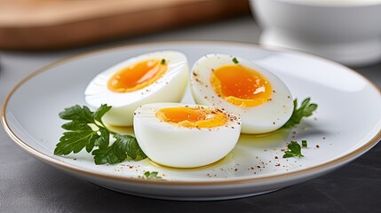  a white plate topped with hard boiled eggs and garnished with parsley.  generative ai
