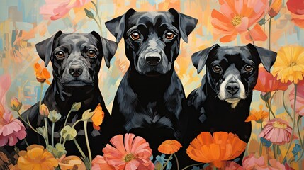  three black dogs are sitting in a field of colorful flowers.  generative ai