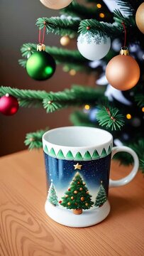 A ceramic mug with a New Year's illustration standing on a wooden table and a decorated Christmas tree in the background, close up.