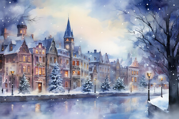Fototapeta na wymiar Watercolor Christmas City in Retro Style.