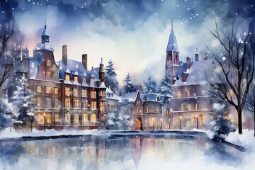 Fototapeta na wymiar Watercolor Christmas City in Retro Style.