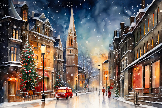 Watercolor Christmas City in Retro Style.