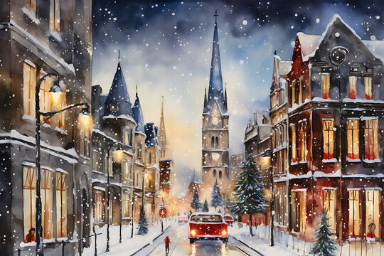 Watercolor Christmas City in Retro Style.