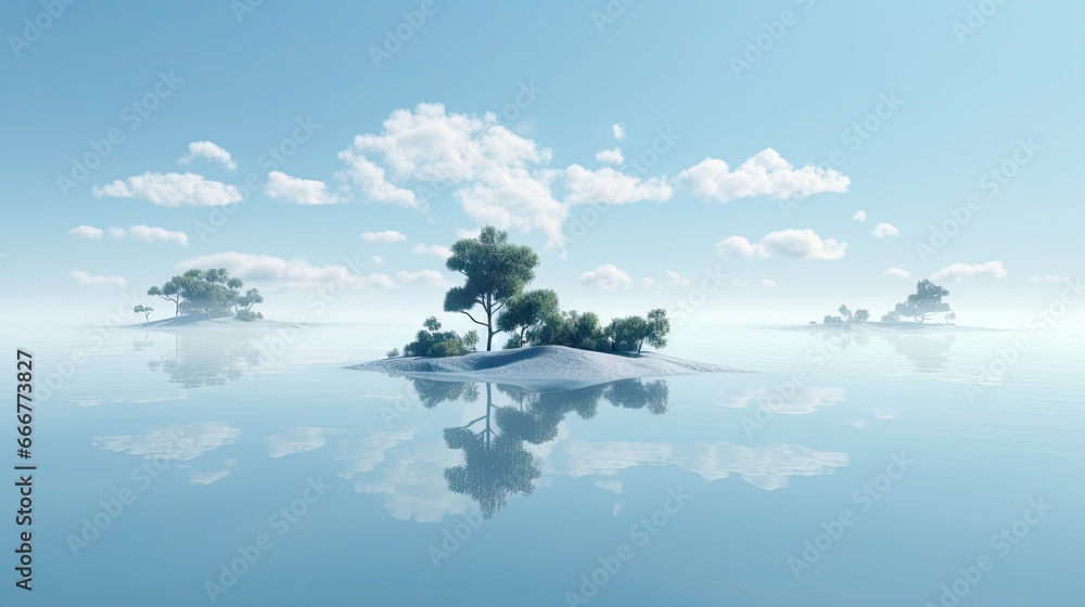 Poster a small island in the middle of the ocean with trees on it. generative ai