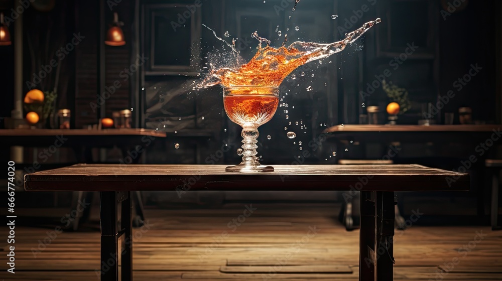Poster a glass with a liquid splashing out of it on a table. generative ai