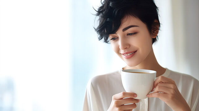 black haired woman with short hair drinking coffee holding a cup in the front of her face