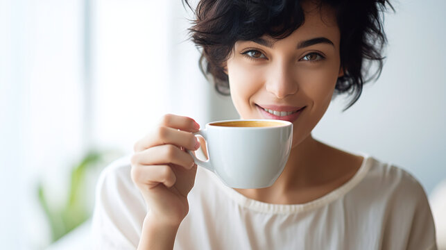 black haired woman with short hair drinking coffee holding a cup in the front of her face