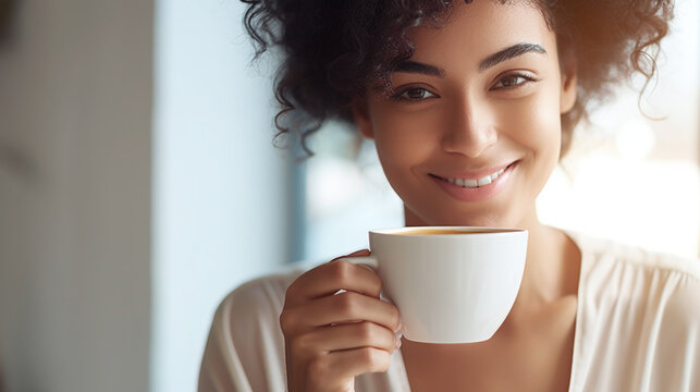 afro amercian woman drinking coffee holding a cup in the front of her face