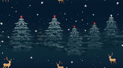 a realistic red and green reindeer pattern, including Christmas trees and snow, set against a dark blue background. SEAMLESS PATTERN. SEAMLESS WALLPAPER.