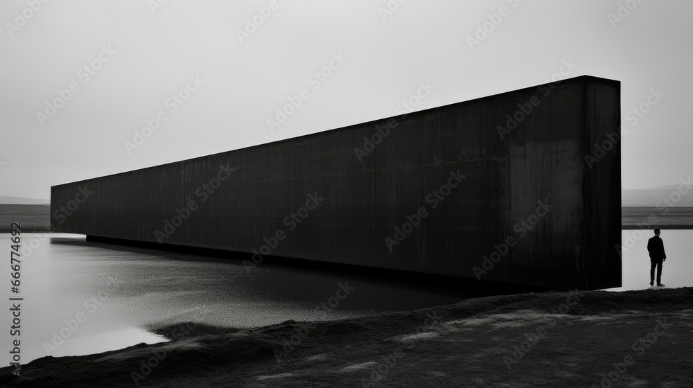 Poster a man standing in front of a large structure near a body of water. generative ai