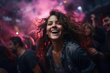 A woman laughing while standing in front of a crowd in disco.