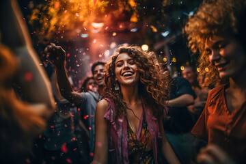 A group of people celebrating with confetti in disco.