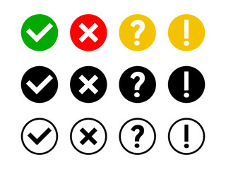 Green Red Yellow Black and White Yes or OK No or Declined Problem or Warning Flat Icon Set with Check Mark X Cross Exclamation and Question Mark Symbols in Circles. Vector Image.