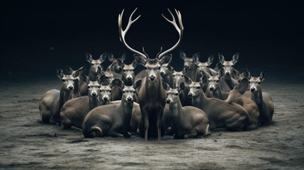  a herd of deer sitting next to each other on a field.  generative ai - obrazy, fototapety, plakaty