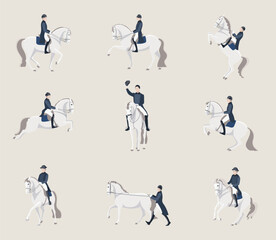 Collection of classic riders on white horses performing various elements of dressage