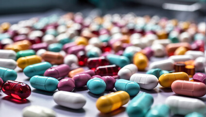 Production of medicines. Production of tablets and capsules in close-up. Pharmaceutical concept - obrazy, fototapety, plakaty